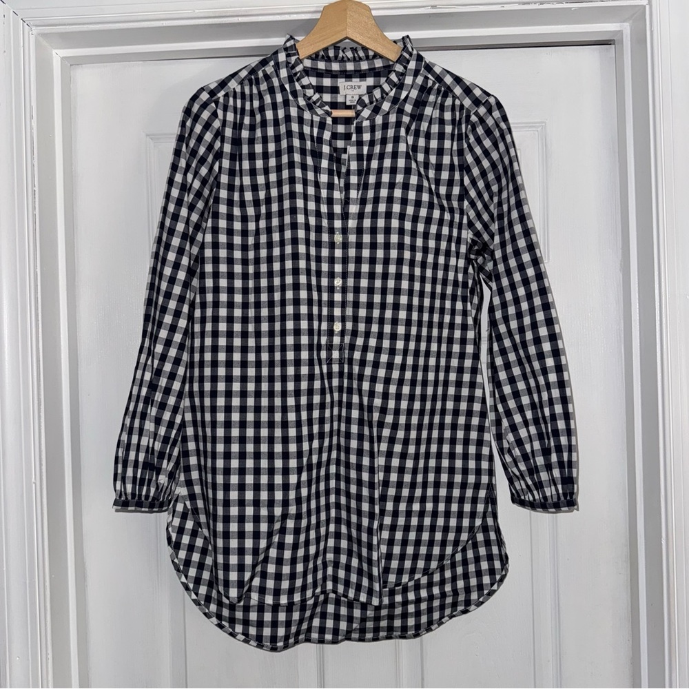 NWT J. Crew Cotton Blend Poplin Ruffleneck Tunic Shirt S Gingham Blue White